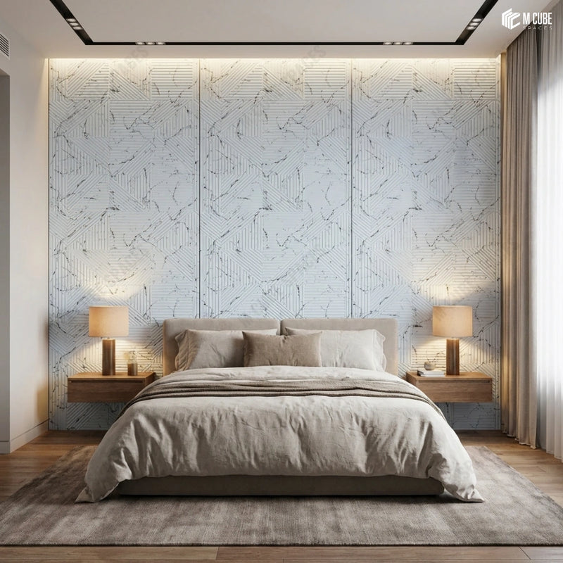 Modern Bedroom with Marble-Inspired Charcoal Panel Feature Wall