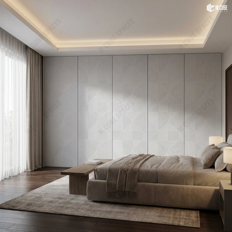 Minimalist Bedroom with Geometric Charcoal Panel Headboard Wall