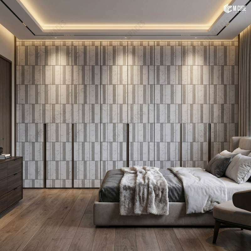 Contemporary Bedroom with Linear Charcoal Panel Wardrobe Wall