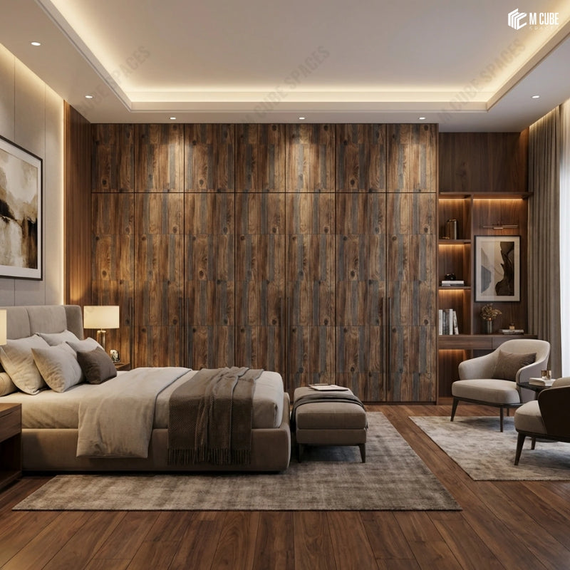 Warm Contemporary Bedroom with Rustic Wood-Toned Charcoal Panel Wardrobe Wall