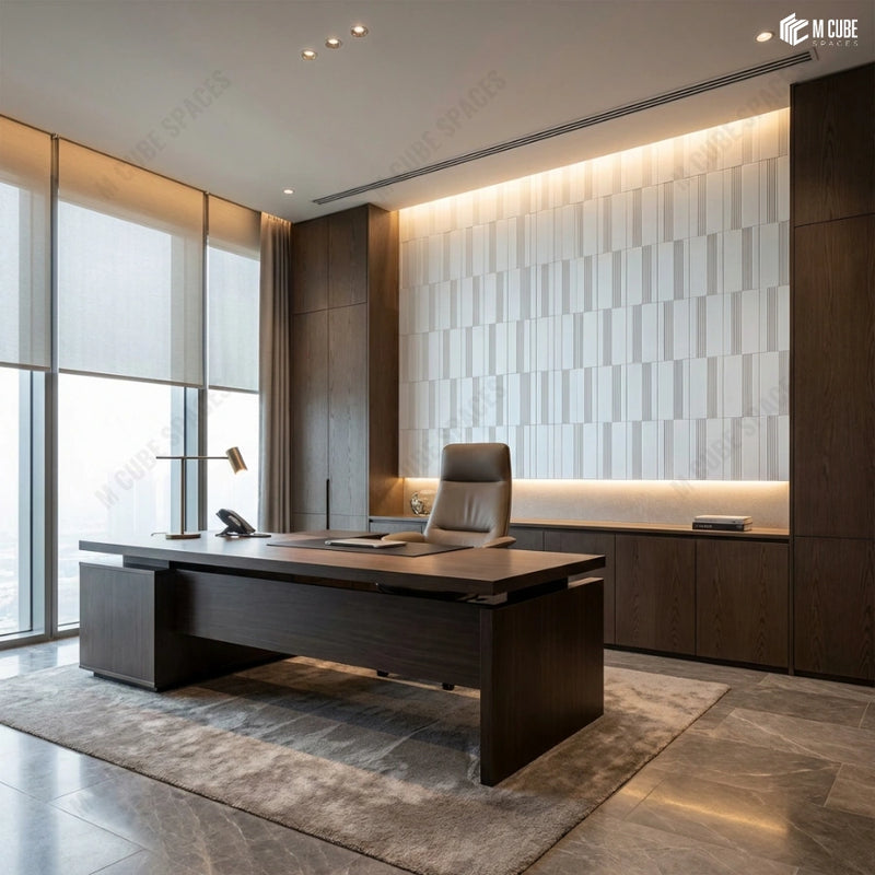 Executive Office with Vertical Pattern Charcoal Panel Feature Wall