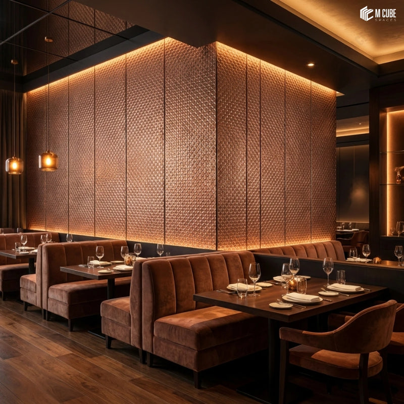 Luxury Dining Lounge with Textured Charcoal Panel Walls
