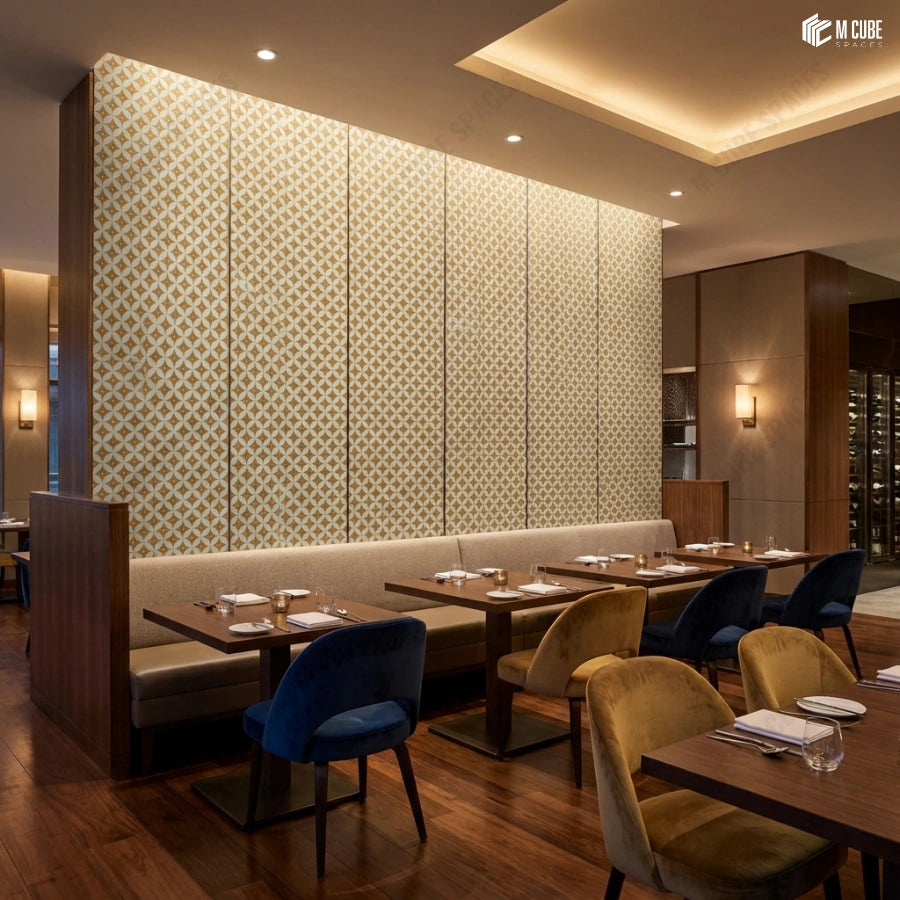 Upscale Restaurant Seating with Geometric Charcoal Panel Feature Wall ...