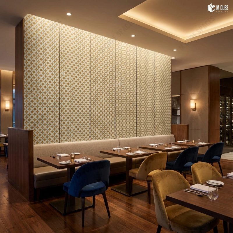 Upscale Restaurant Seating with Geometric Charcoal Panel Feature Wall