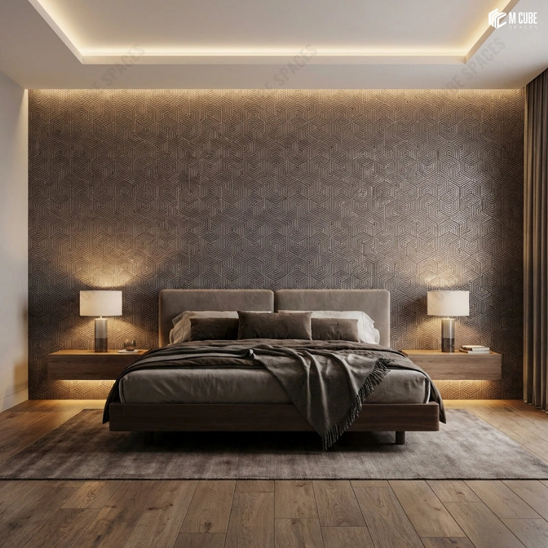 Warm Modern Bedroom with Charcoal Panel Accent Wall