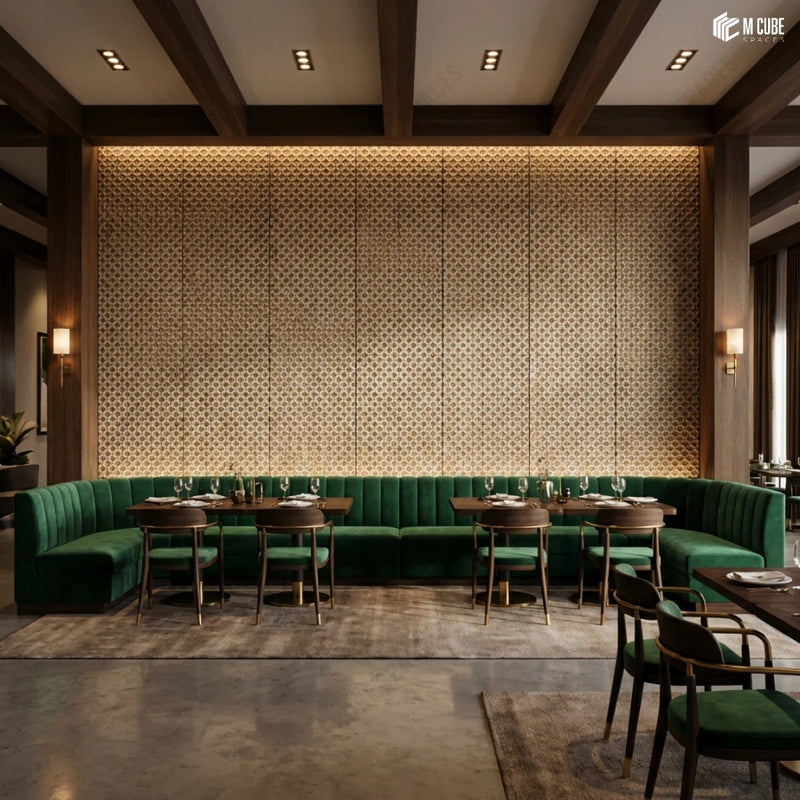 Premium Dining Space with Patterned Charcoal Panel Statement Wall