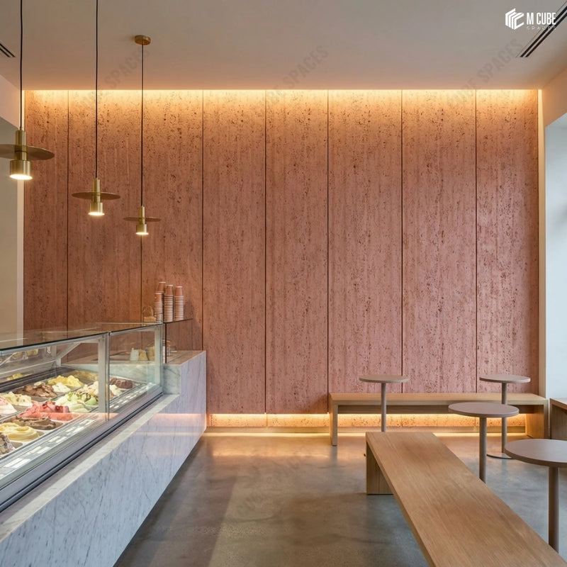 Modern Dessert Café with Warm Textured Charcoal Panel Walls