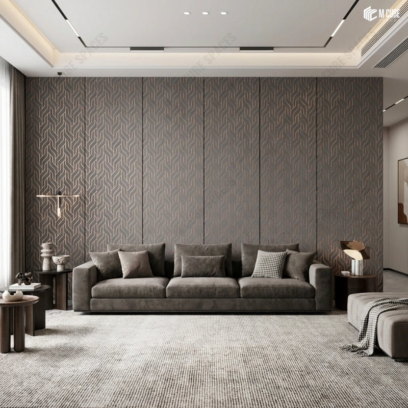 Contemporary Living Room with Geometric Charcoal Panel Accent Wall