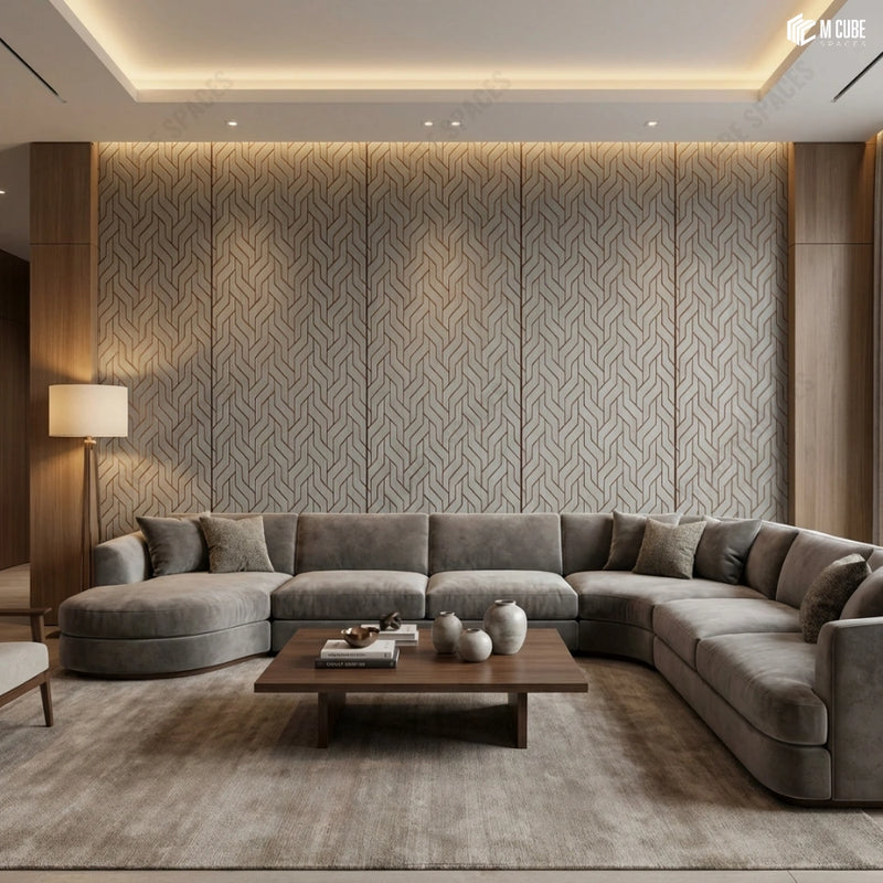 Open-Plan Living Area with Linear Charcoal Panel Installation