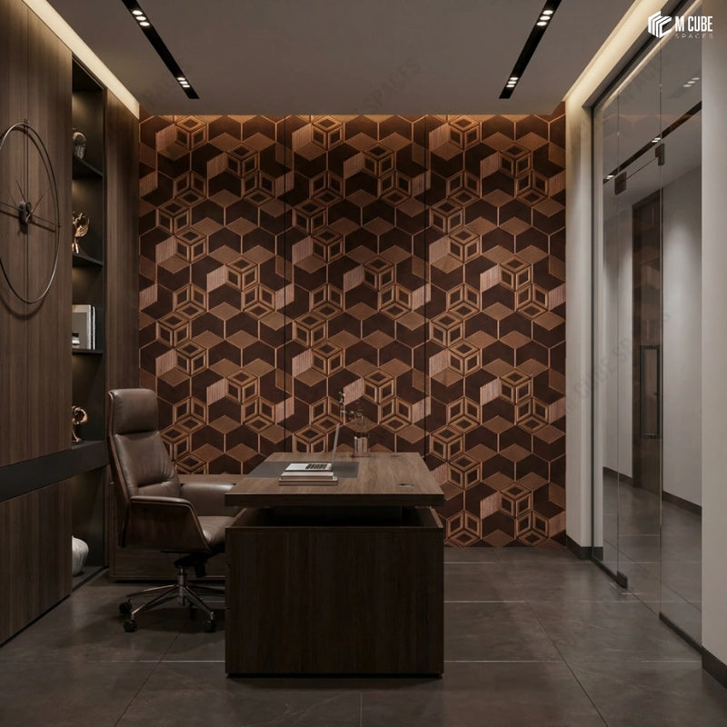 Executive Office with Geometric Wood-Tone Charcoal Panel Feature Wall