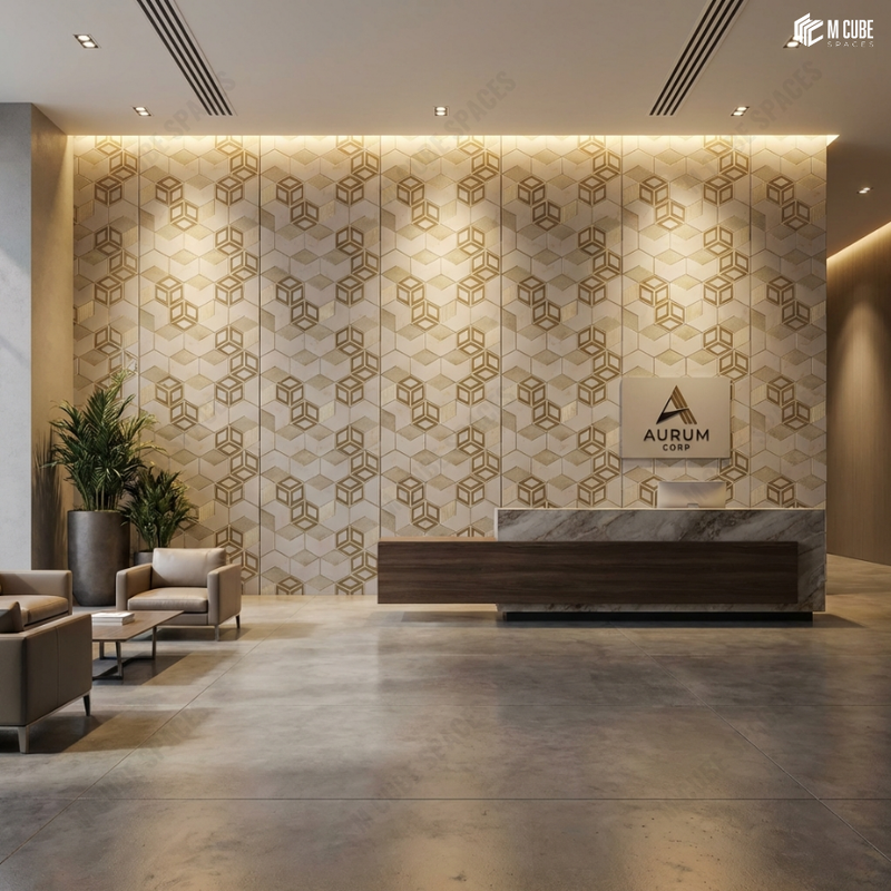 Grand Corporate Reception with Sculpted Charcoal Panel Statement Wall