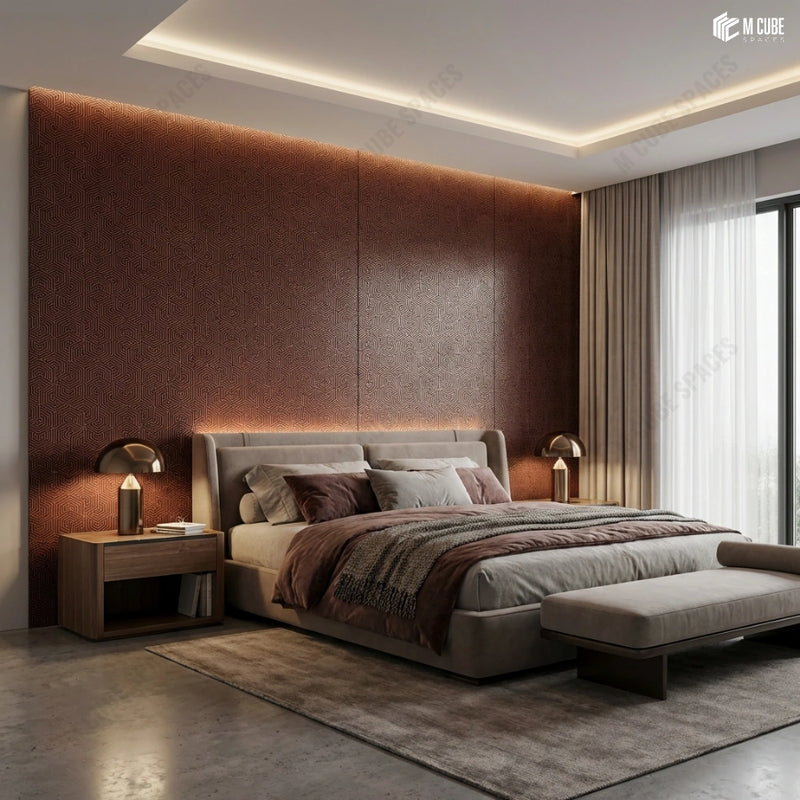 Luxury Bedroom with Red-Hued Charcoal Statement Wall