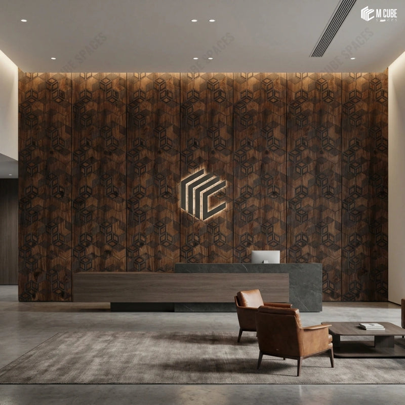 Luxury Lobby with Dark Brown Geometric Charcoal Panel Feature Installation