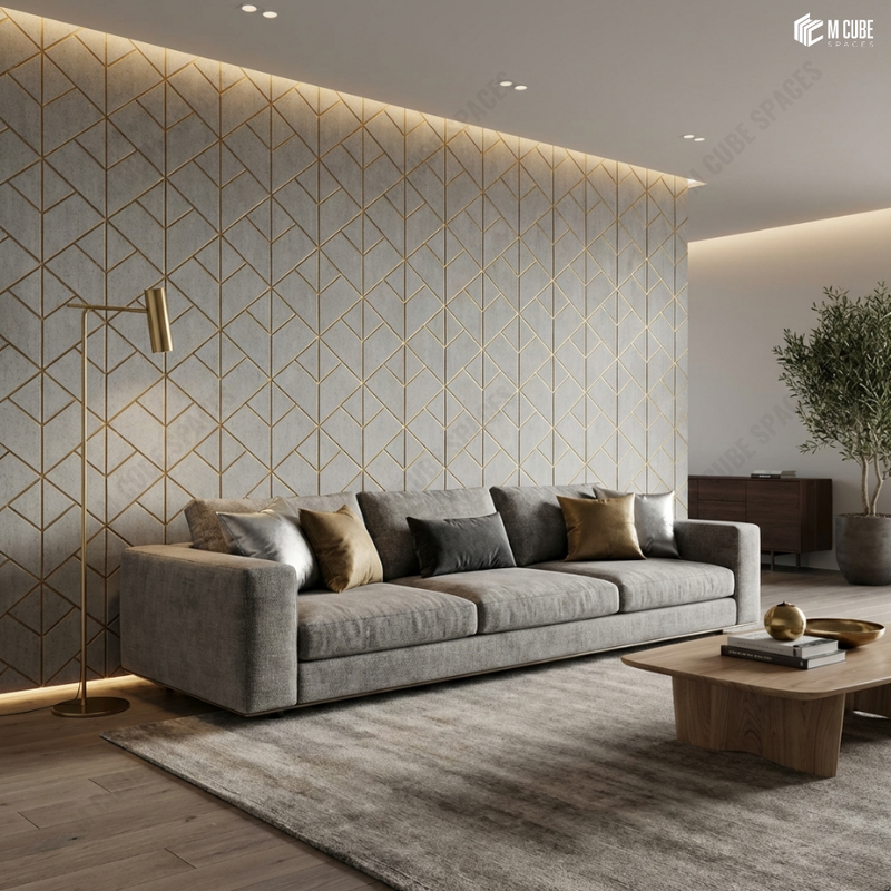 Contemporary Living Room with Linear Charcoal Panel Wall