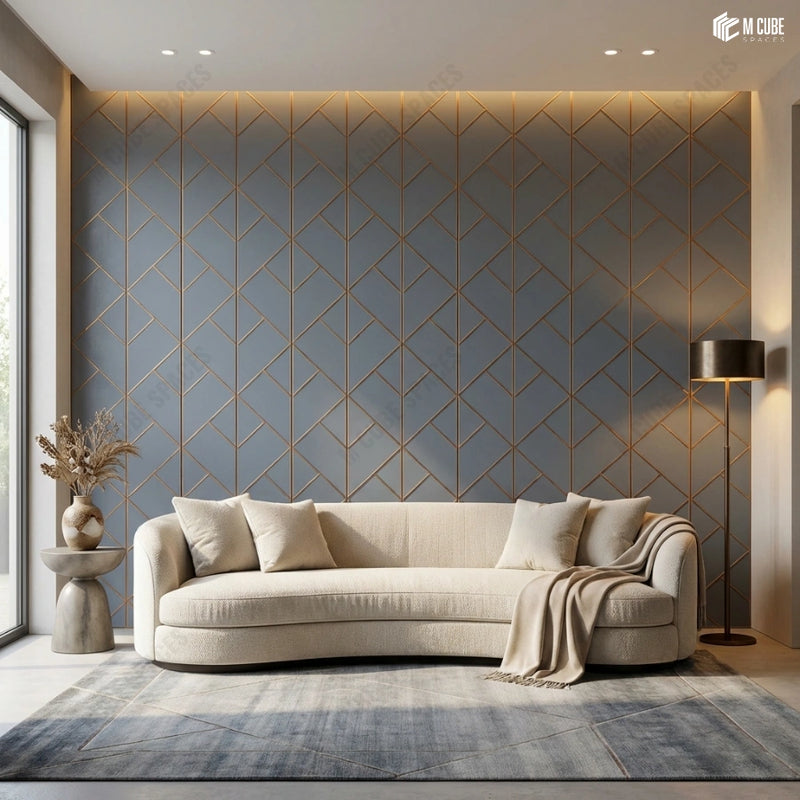 Soft Contemporary Living Room with Grey Geometric Charcoal Feature Wall