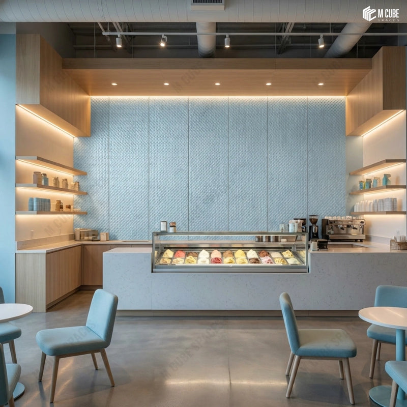 Modern Dessert Café with Pastel Charcoal Panel Feature Wall
