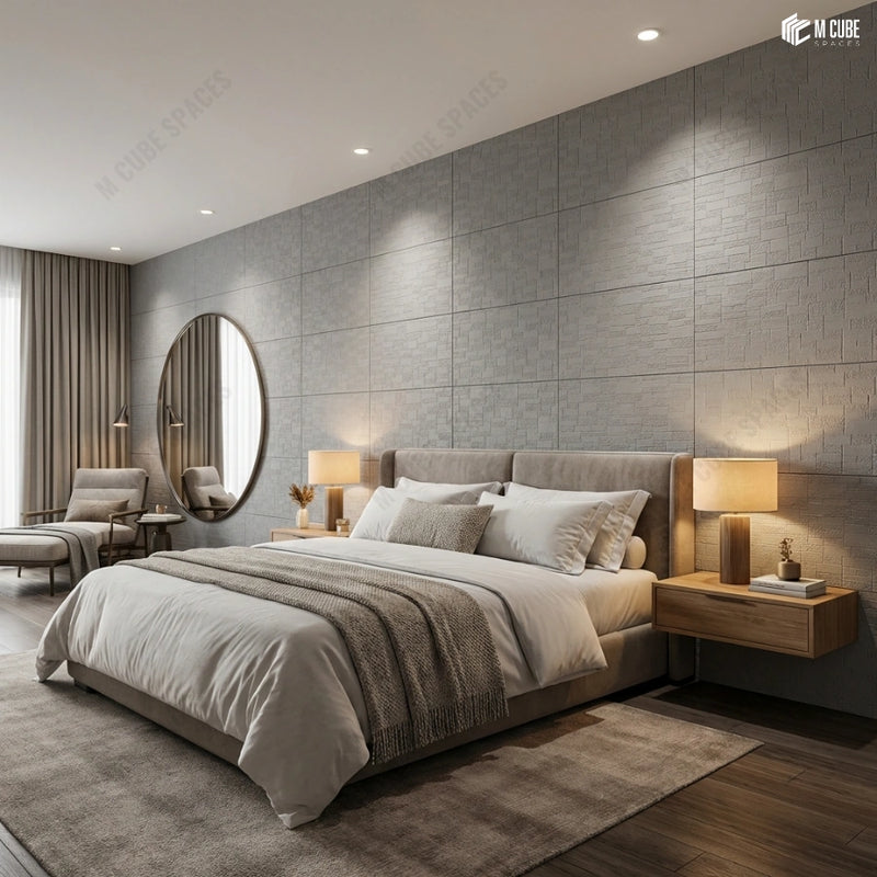 Contemporary Bedroom with Linear Textured Charcoal Accent Wall