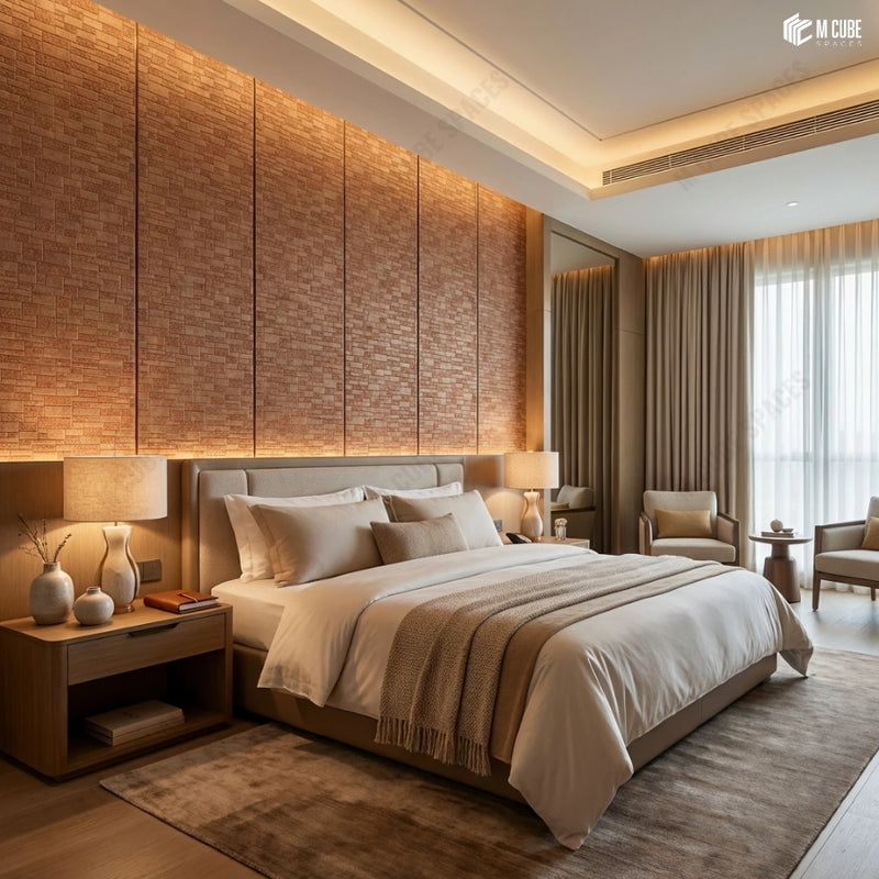 Warm Modern Bedroom with Brick-Pattern Charcoal Feature Wall