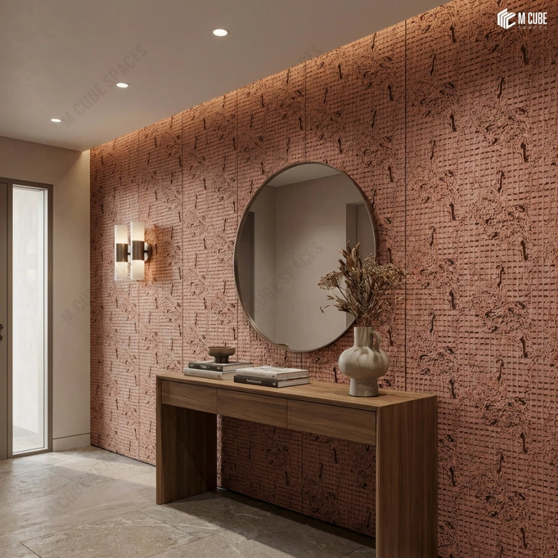 Textured Terracotta Charcoal Panel Statement Wall in Contemporary Foyer