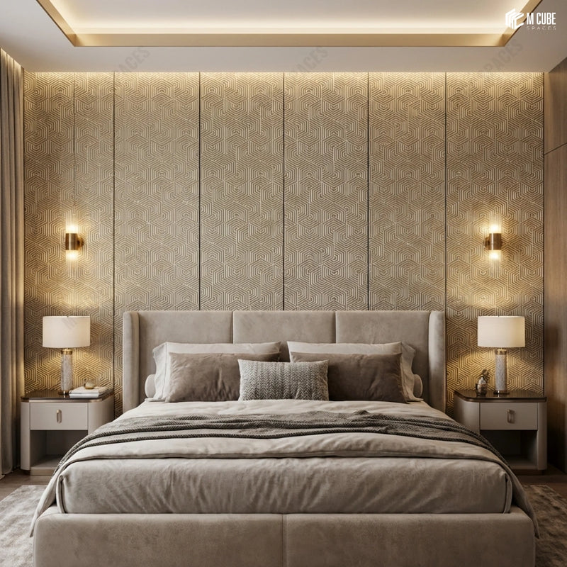 Elegant Bedroom with Gold-Toned Geometric Charcoal Panels