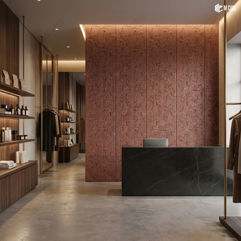 Retail Reception Backdrop with Rust-Toned Charcoal Feature Panels