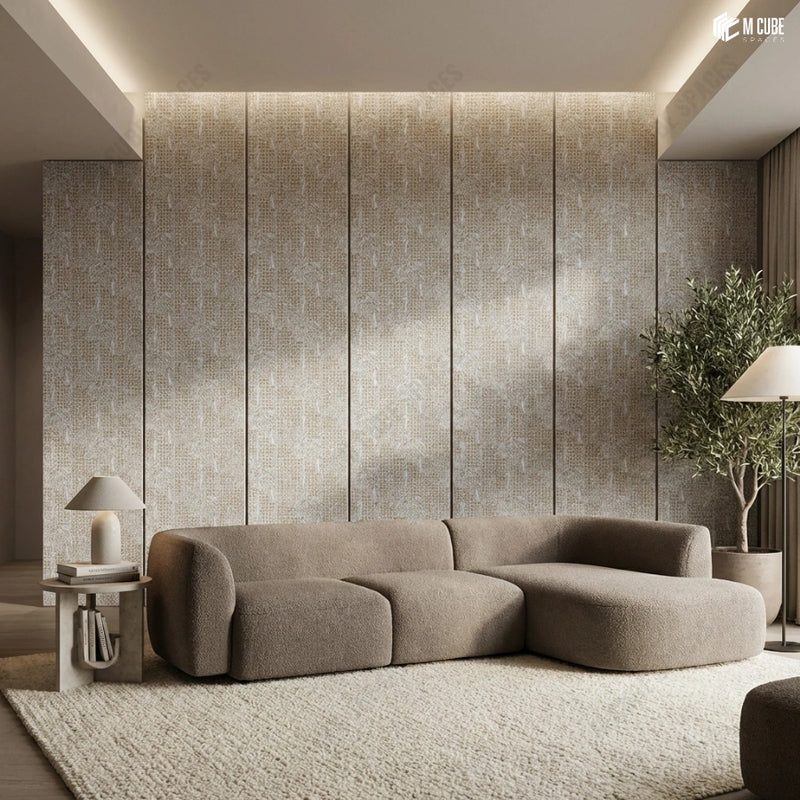 Soft Neutral Living Room with Textured Finish Charcoal Panel Accent Wall