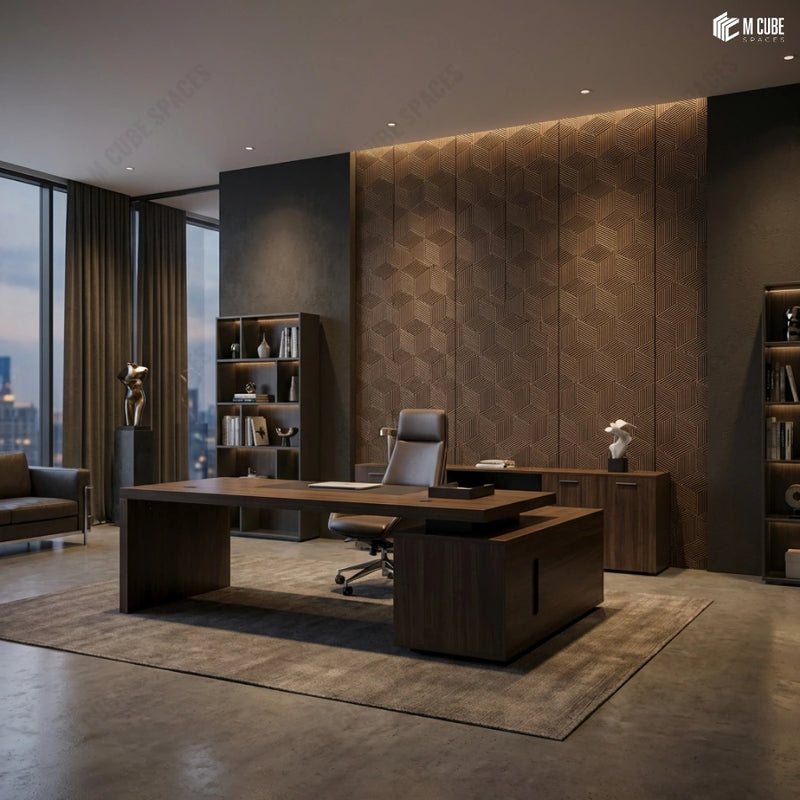 Executive Office Feature Wall with Geometric Charcoal Panels