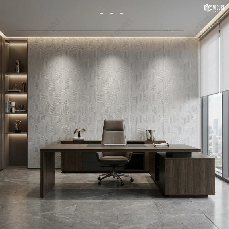 Minimal Executive Workspace with Light-Toned Charcoal Panel Wall