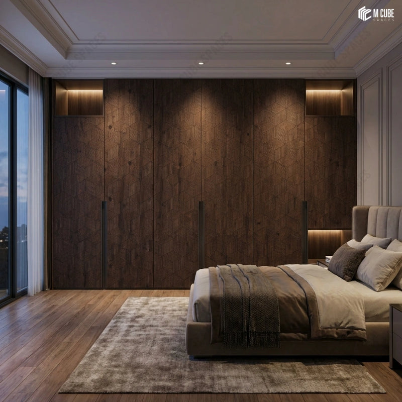 Moody Bedroom Wardrobe Wall with Dark Geometric Charcoal Panels