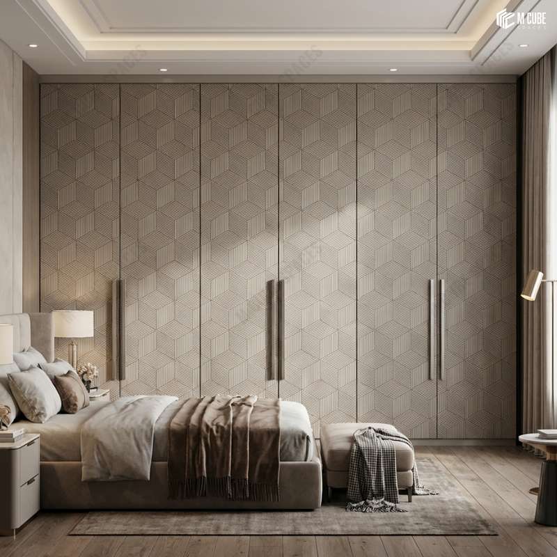 Geometric Beige Charcoal Panel Wardrobe Wall in Contemporary Bedroom
