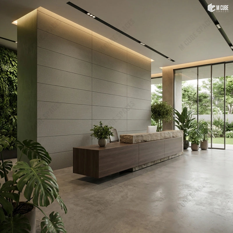 Minimal Charcoal Panel Reception Wall in a Biophilic Spa Lobby
