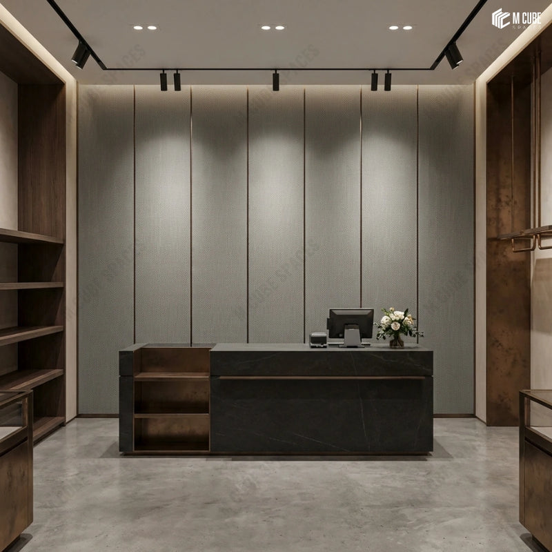Minimalistic Textured Charcoal Panel Feature Wall Behind Retail Counter