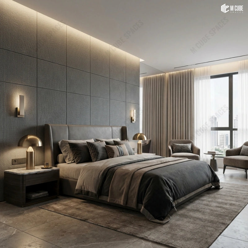 Dark Textured Charcoal Panel Headboard Wall in Luxury Master Bedroom