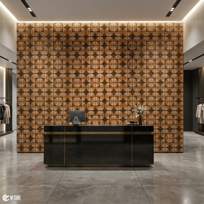 Boutique Retail Reception with Patterned Charcoal Feature Wall