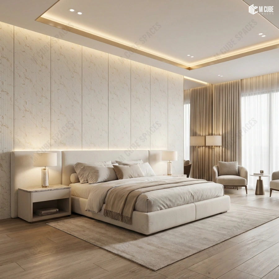 Ambient charcoal panel headboard feature in modern bedroom - Bedroom interior inspiration