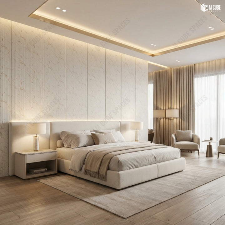 Ambient Charcoal Panel Headboard Feature in Modern Bedroom
