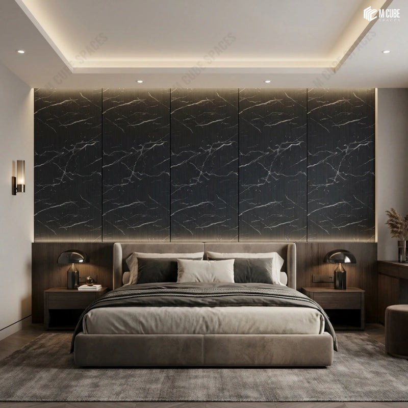 Dark Marble-Look Charcoal Panel Headboard Wall in Contemporary Master Bedroom