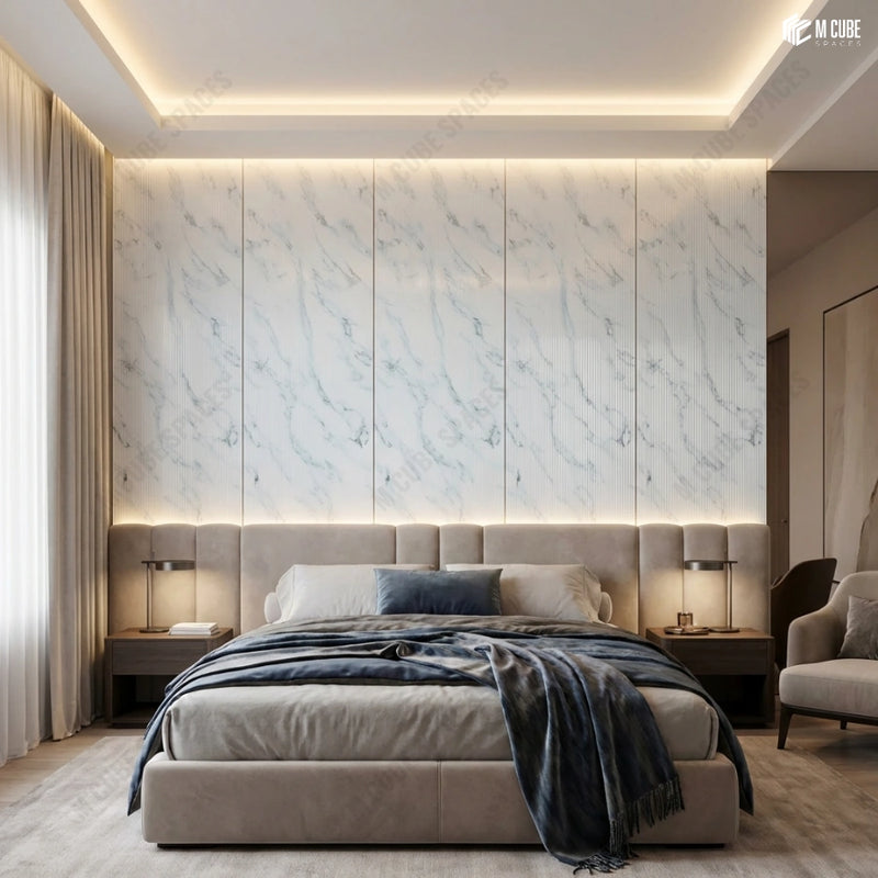Light Marble-Look Charcoal Panel Headboard Wall in Serene Modern Bedroom