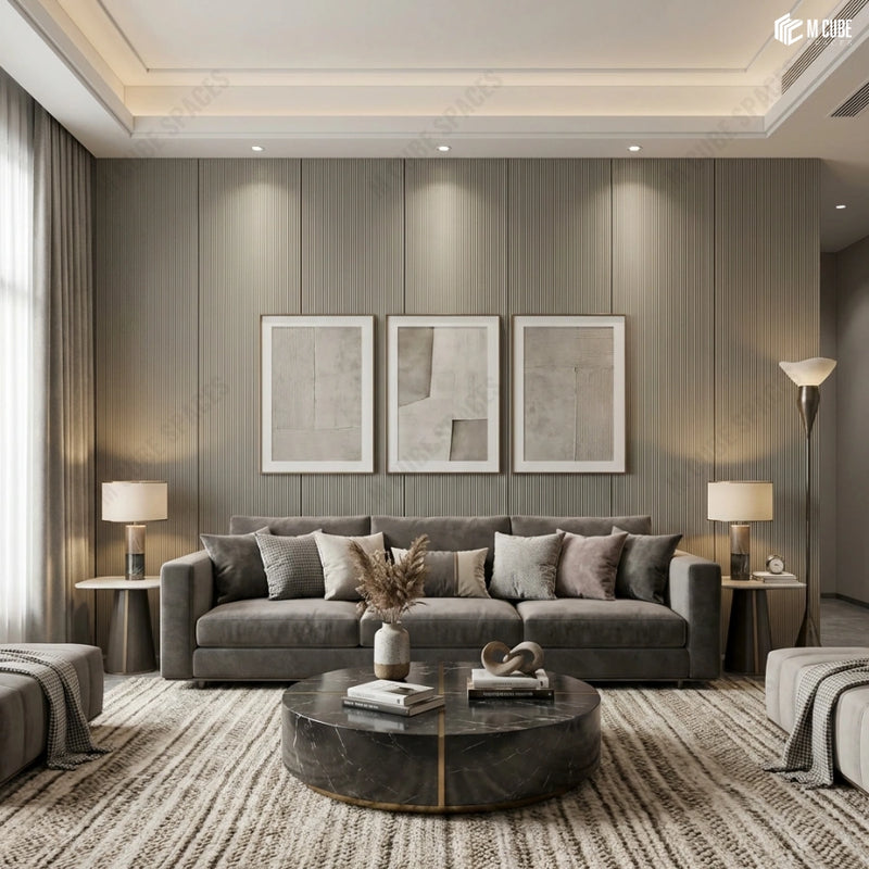 Vertical Textured Charcoal Panel Feature Wall in Minimal Living Room