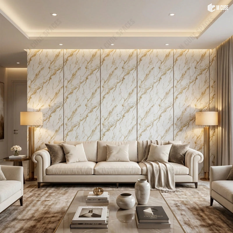Gold-Veined Charcoal Panel Accent Wall in Elegant Living Space