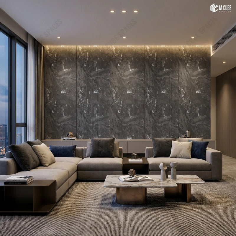 Dark Stone Textured Charcoal Panel Feature Wall in Contemporary Lounge
