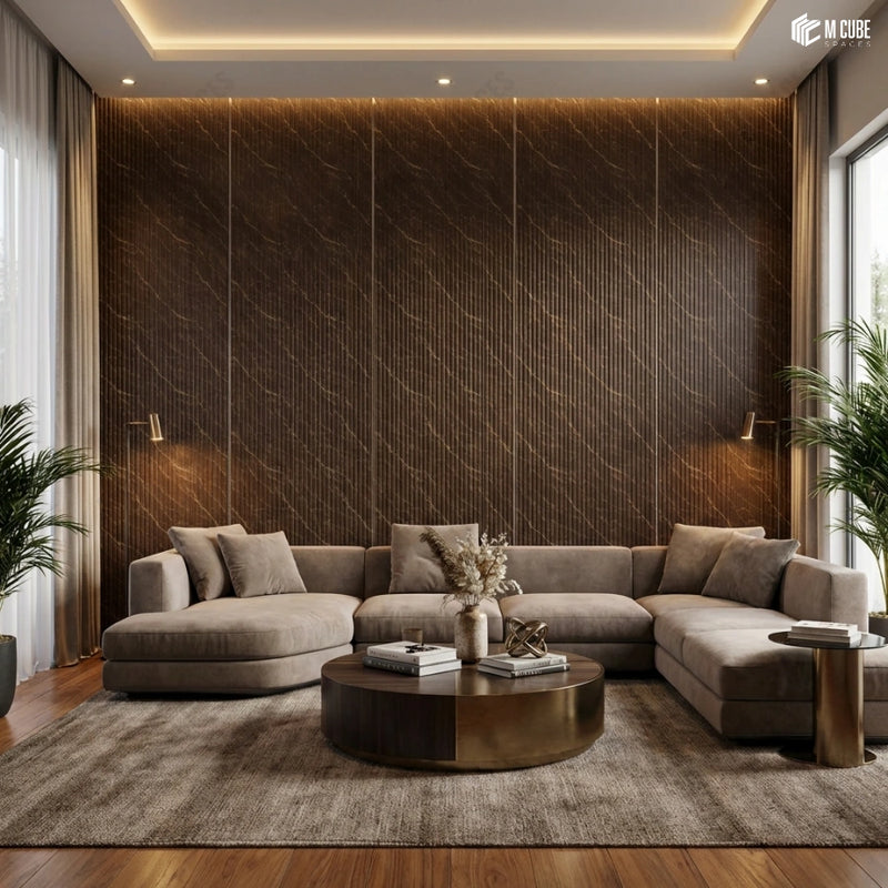 Warm Brown Charcoal Panel with Vein Detailing Statement Wall in Modern Living Room