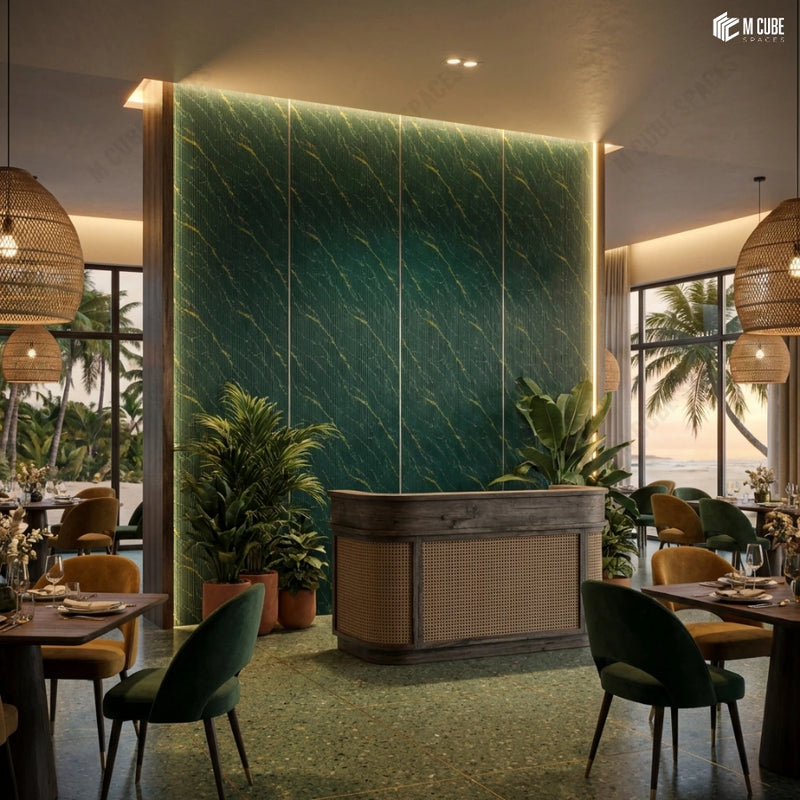 Emerald Charcoal Panel Feature Wall in Tropical-Inspired Hospitality Space
