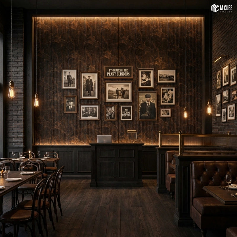 Dark Textured Charcoal Panel Gallery Wall in Vintage-Inspired Restaurant