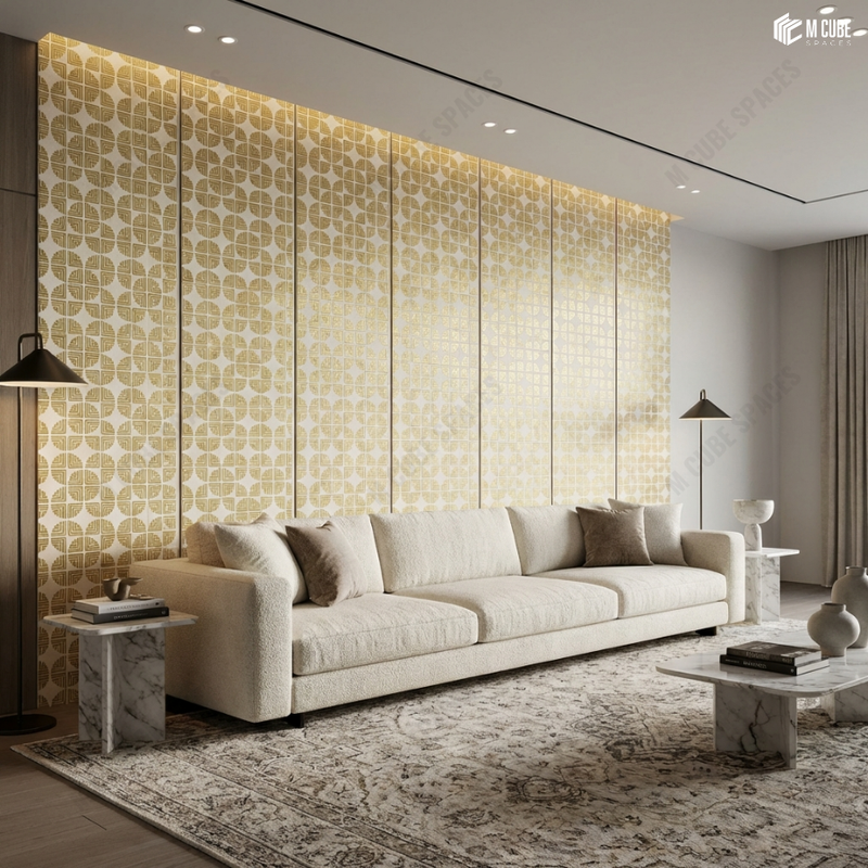 Luxury Living Space with Geometric Gold Charcoal Panel Accent Wall