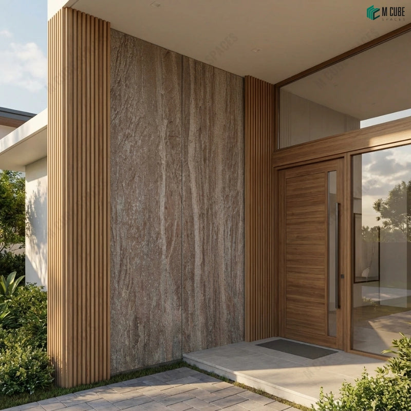Contemporary Residential Entrance Feature Wall finished in Copper Rock Dark Stone Veneer