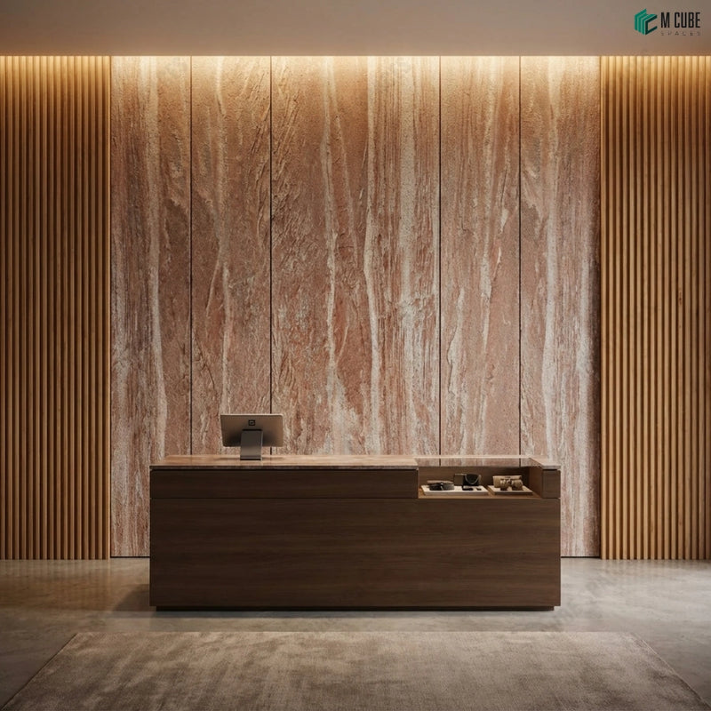 Premium Commercial Reception Desk Feature Wall using Copper Rock Dark Stone Veneer