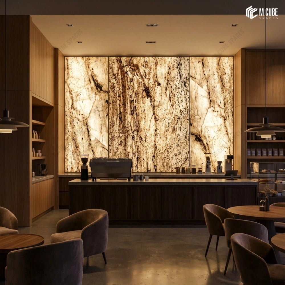Contemporary café interior with illuminated copper rock dark stone veneer, dark wood coffee bar and sculptural seating - Commercial interior inspiration