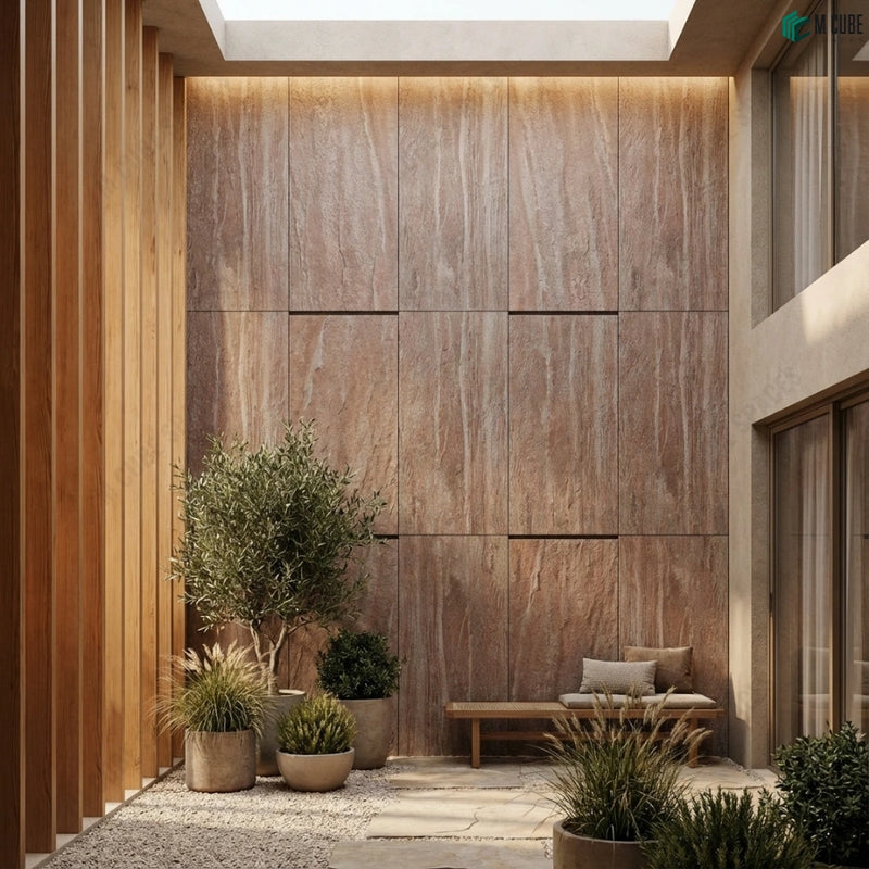 Residential Courtyard Feature Wall with Copper Rock Dark Stone Veneer