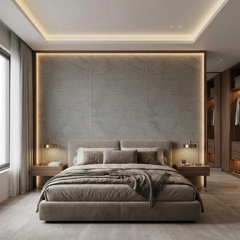 Elegant Bed Back Wall with Opaque Stone Veneer